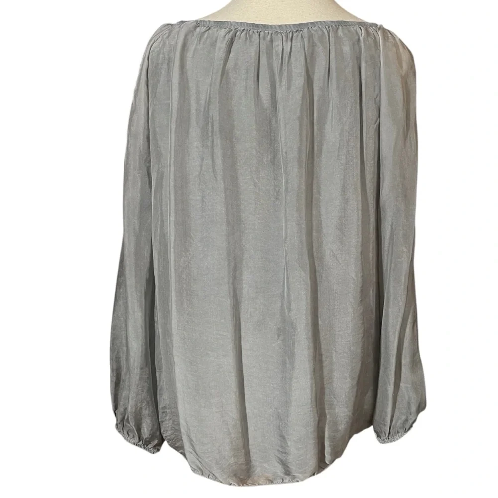 Le Marais Paris Gray Silk‎ Blend Embroidered Tunic Blouse Balloon Sleeve Top L